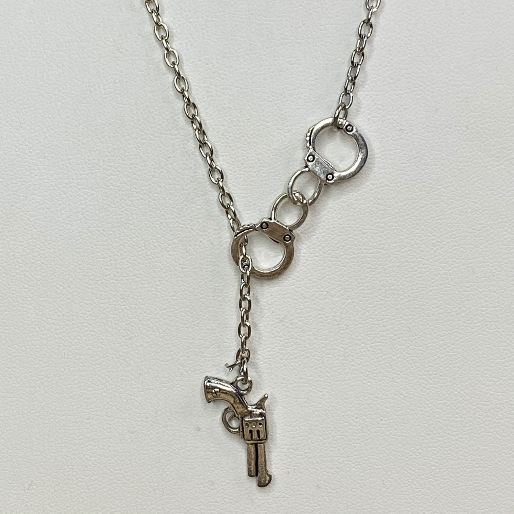Silvertone Revolver Handcuff Charm Y Necklace Pendant Women Western 21 inch New